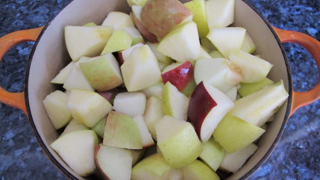 chunks of apple cooking for applesauce