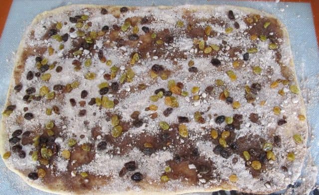 raisins and sugar added to cinnamon roll dough