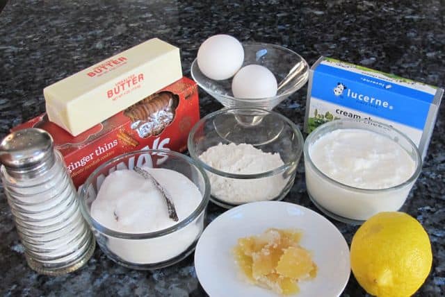 ingredients for single serving lemon ginger ricotta cheesecake tartlets