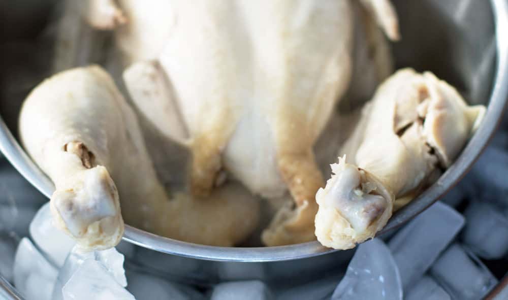 A whole chicken, simmered until it is cooked, then left to cool on ice or in the refrigerator.