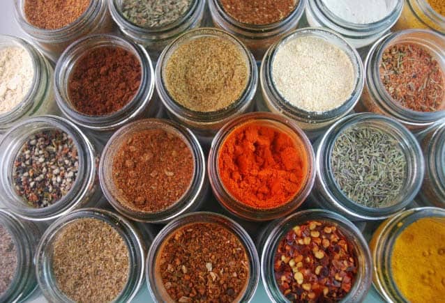 overhead view of jars of spices