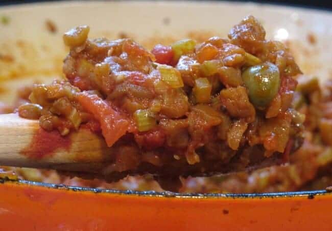 close-up of caponata on a cracker