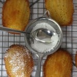 Ginger-infused madeleines being sprinkled with confectioner's sugar