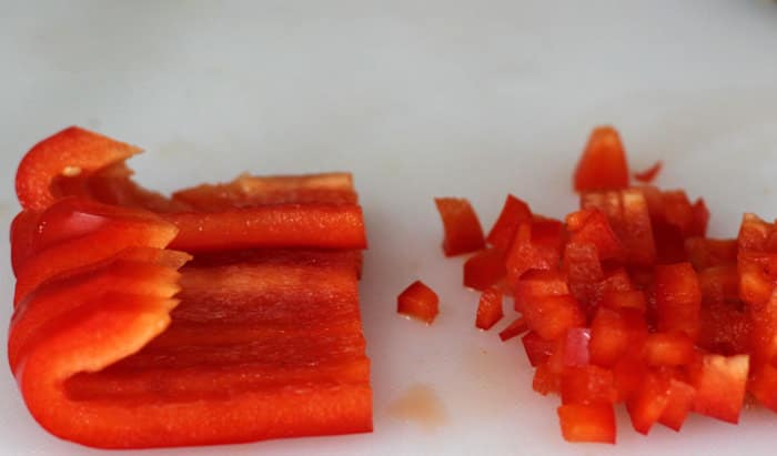 dicing red bell pepper for bean salad