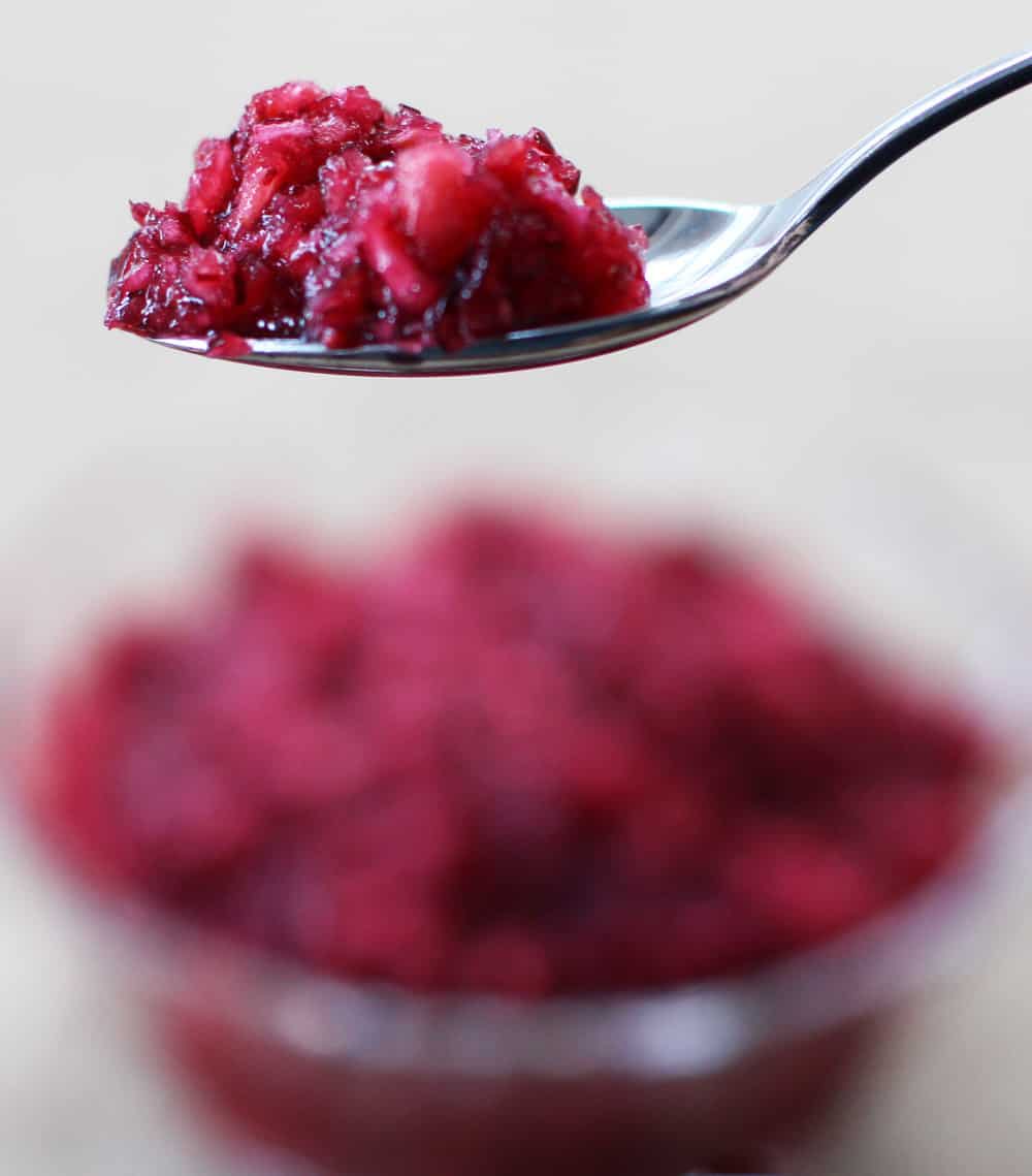 Uncooked cranberry-orange relish on a spoon. Delicious plain or with a whole variety of meats, cheeses or even cakes.