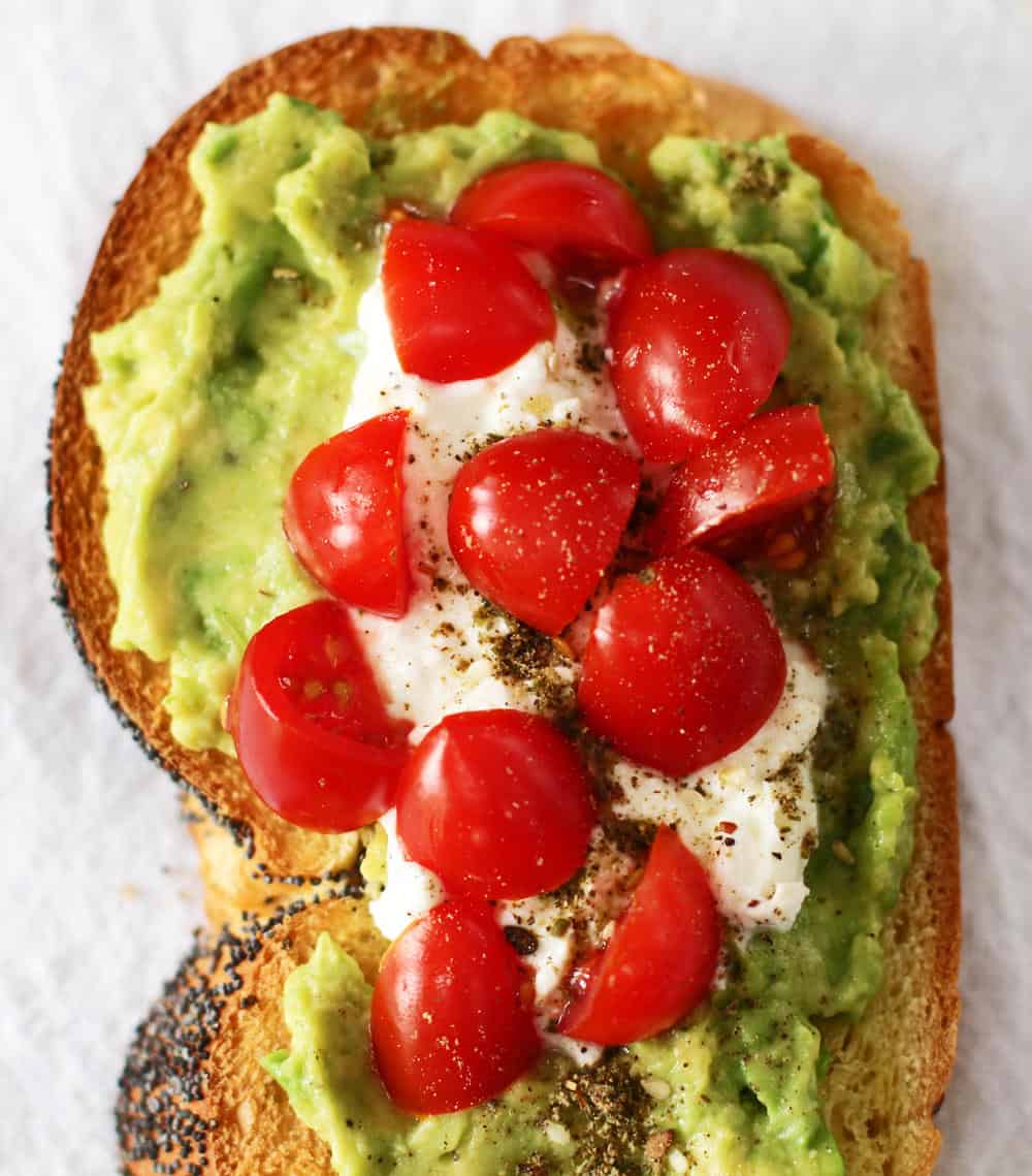 Avocado toast with feta and za'atar is colorful as well as delicious. 