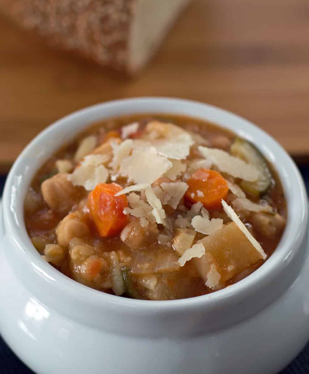 Slow cooker chickpea stew with bread - a perfect cold weather lunch or dinner. 