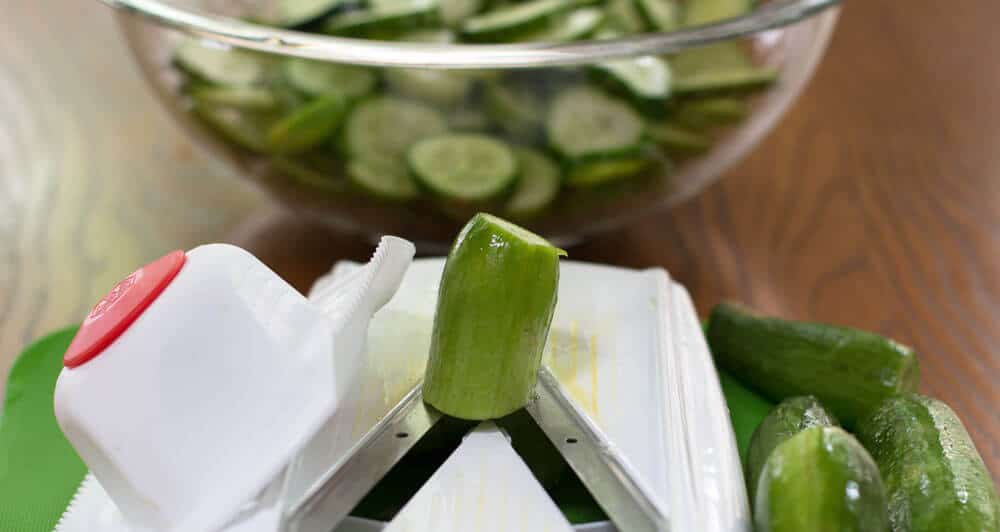 Slicing the cucumbers for Spicy Sweet Cucumbers
