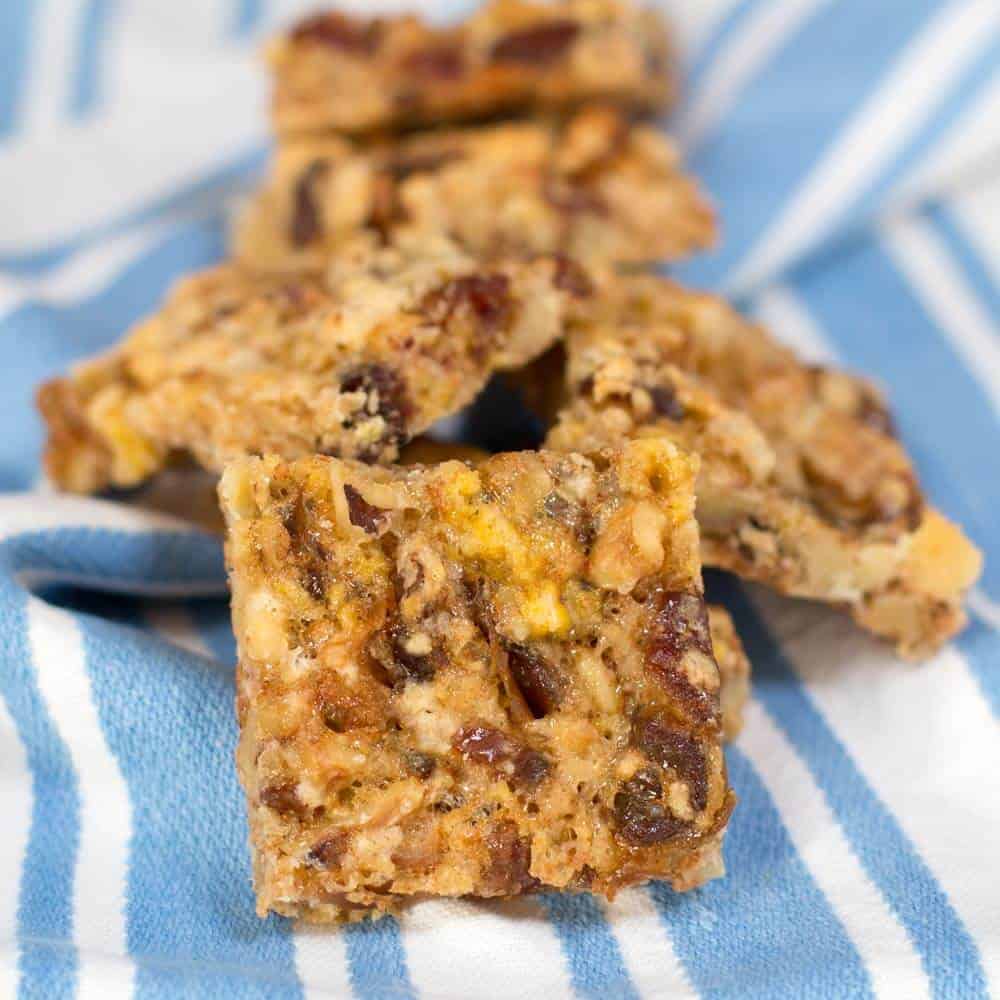 Several No Butter or Shortening Date Nut Bars in a row