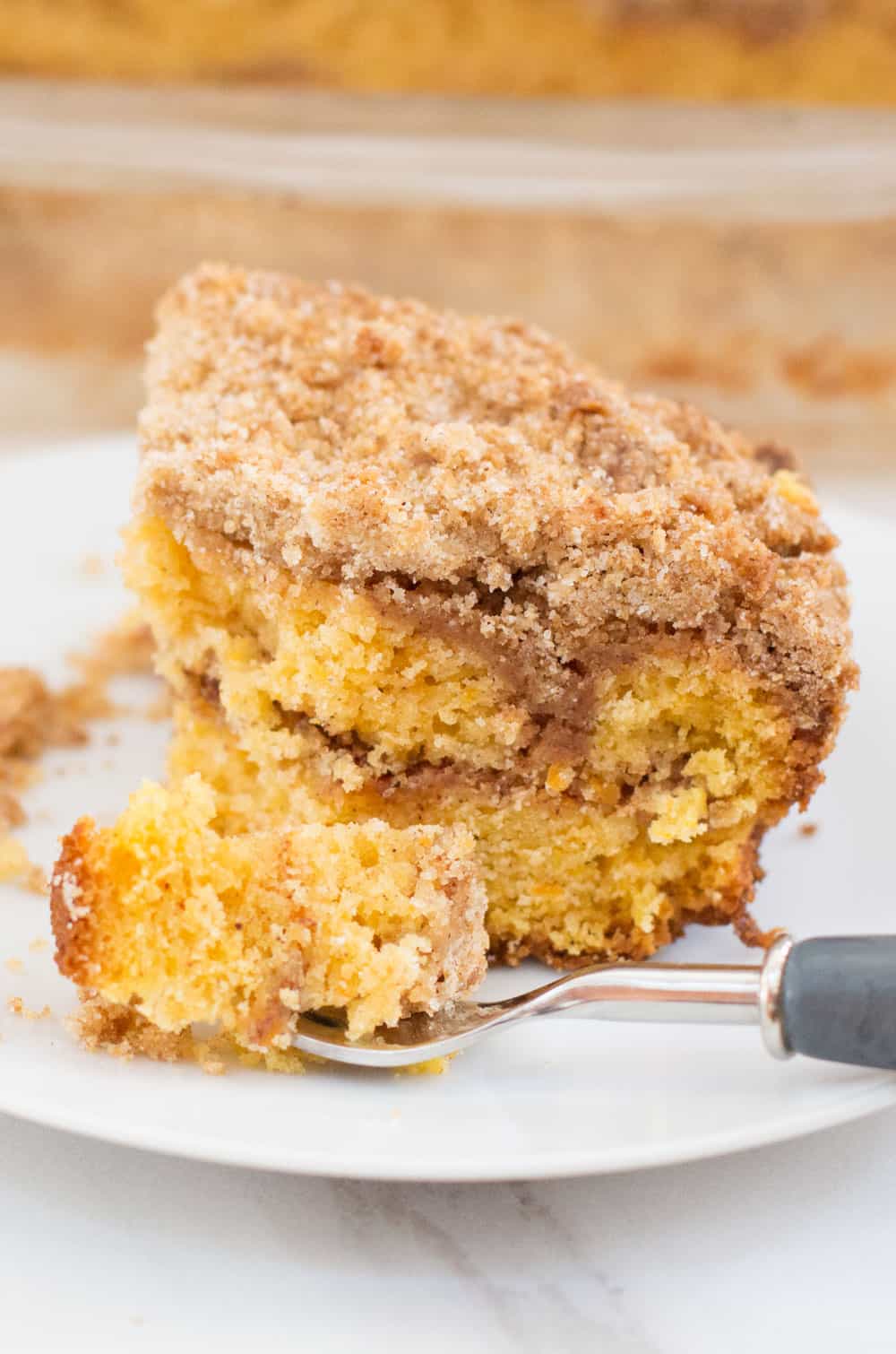 sweet potato streusel cake with fork 