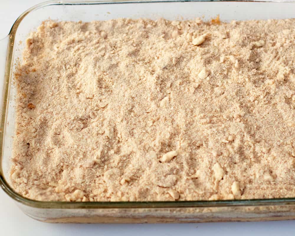 Streusel crumb topping added to sweet potato streusel cake
