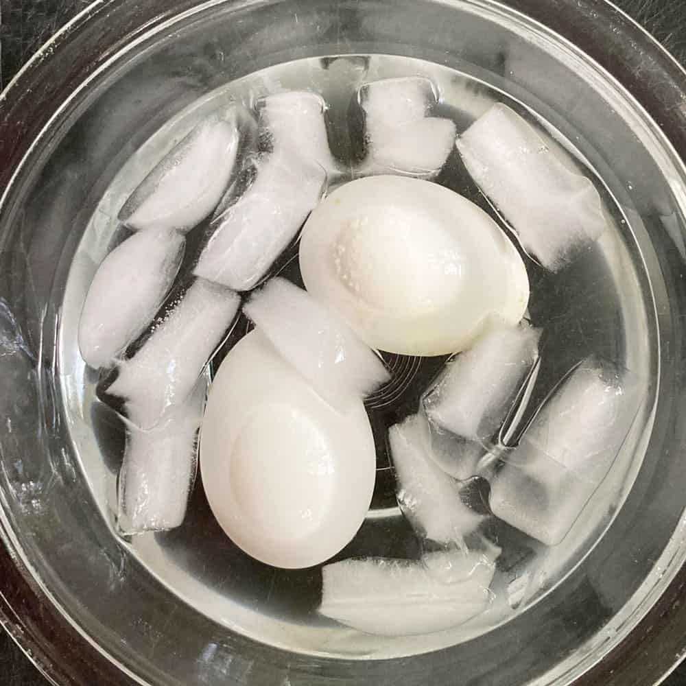 Hard boiled eggs in ice water bath