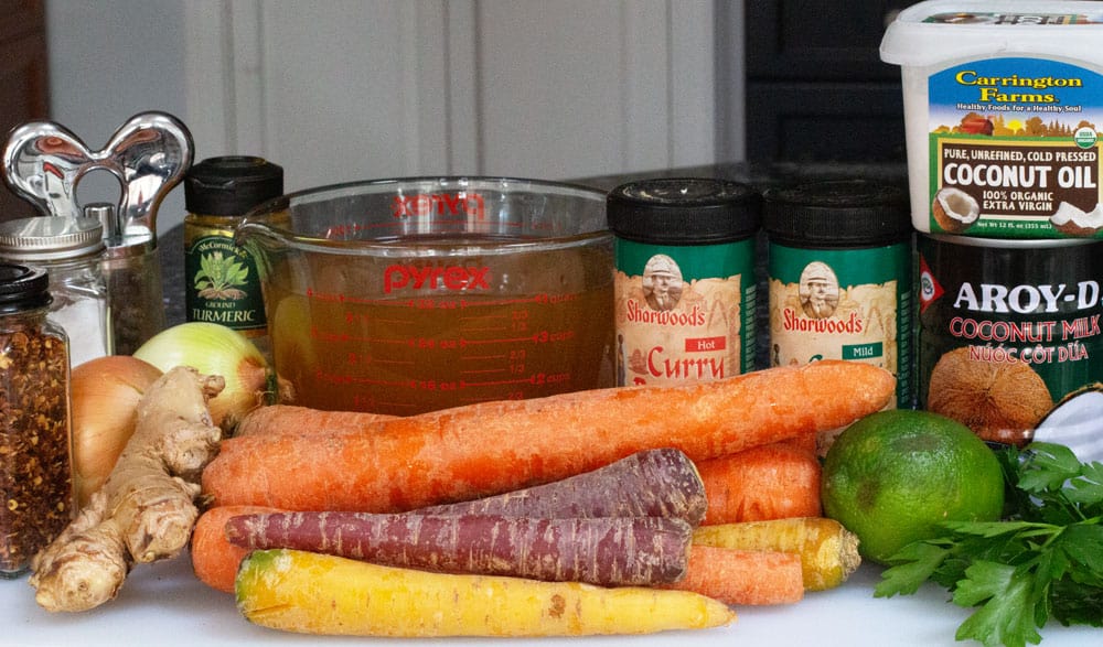 ingredients for vegan curried coconutcarrot soup