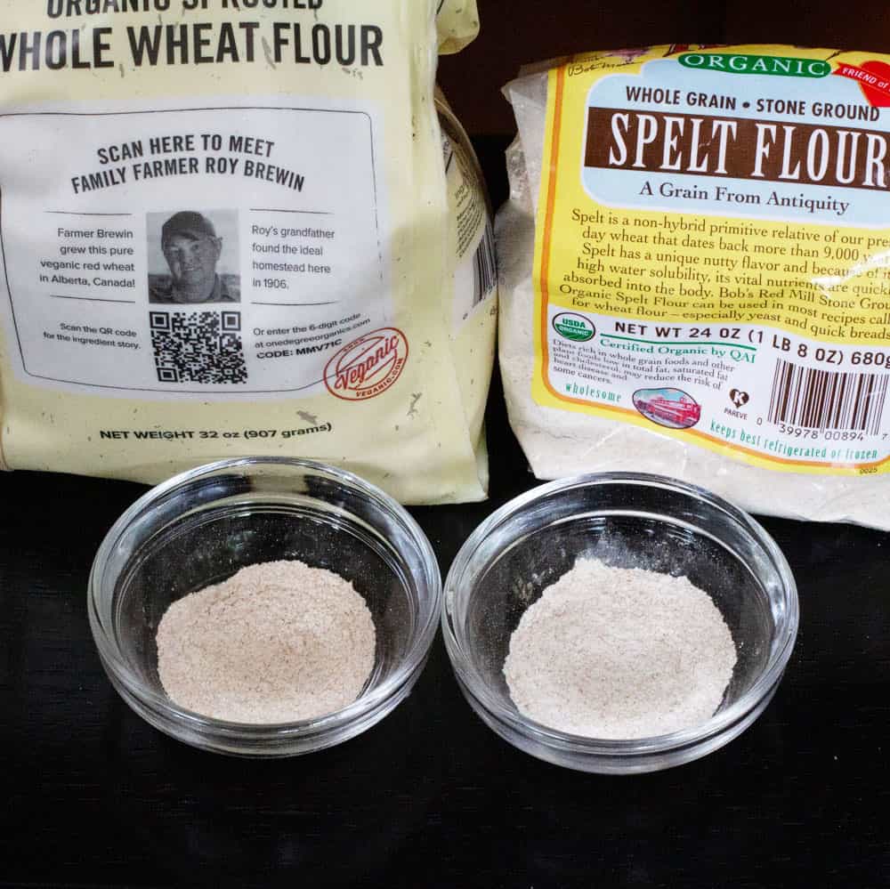 spelt and whole wheat flour side-by-side