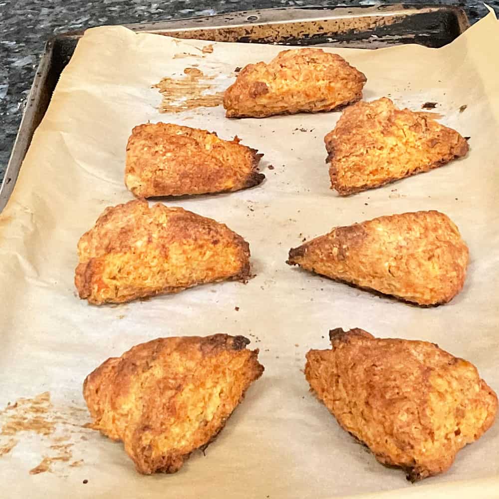 savory scones on baking sheet after baking