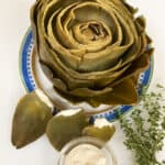 simple dipping sauce for artichokes on several leaves with artichoke, fresh thyme and container of sauce