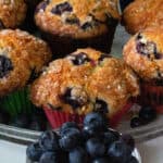 closeup of Jordan Marsh blueberry muffins showing sugar on top