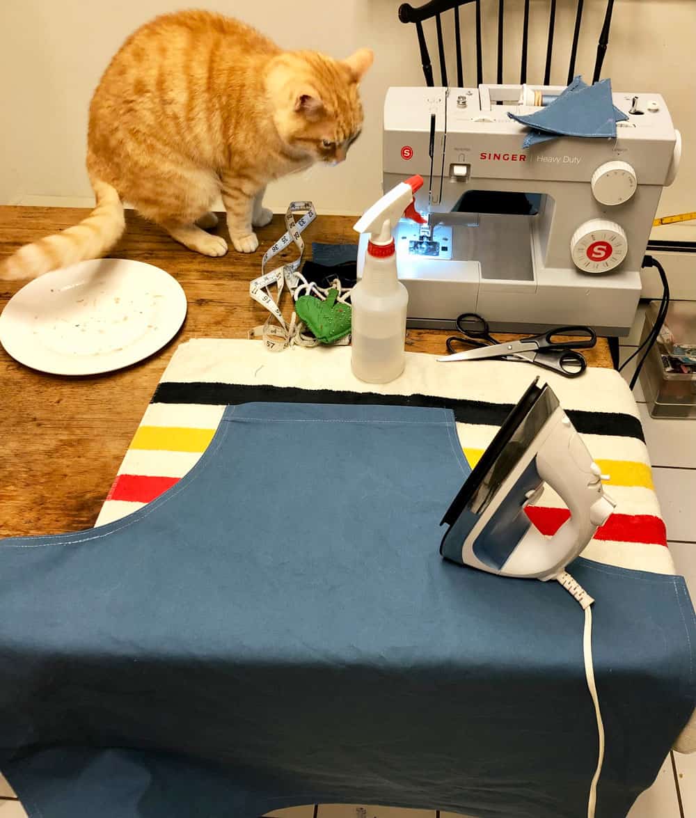 apron in progress on table with cat looking on