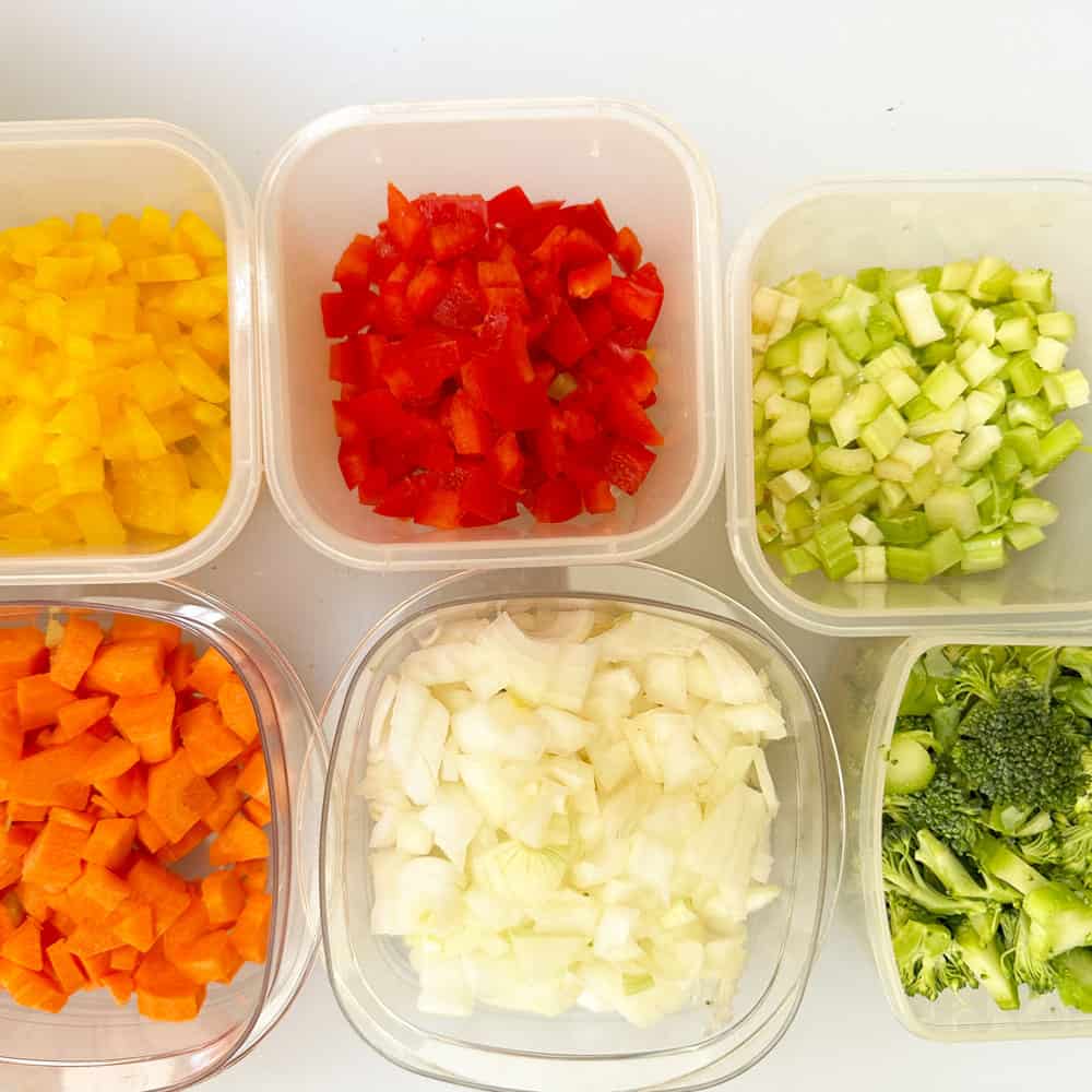 Mise en place for vegetables that will be cooked into shepherd's pie