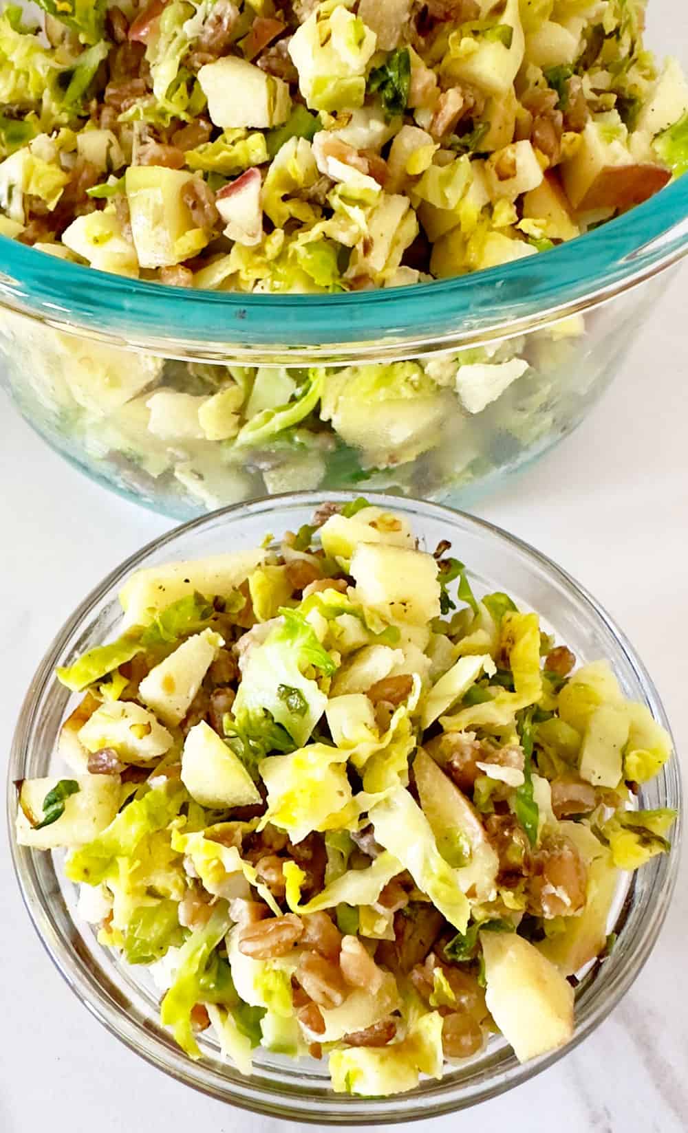 Farro and Brussels Sprouts with Apple overhead in two bowls