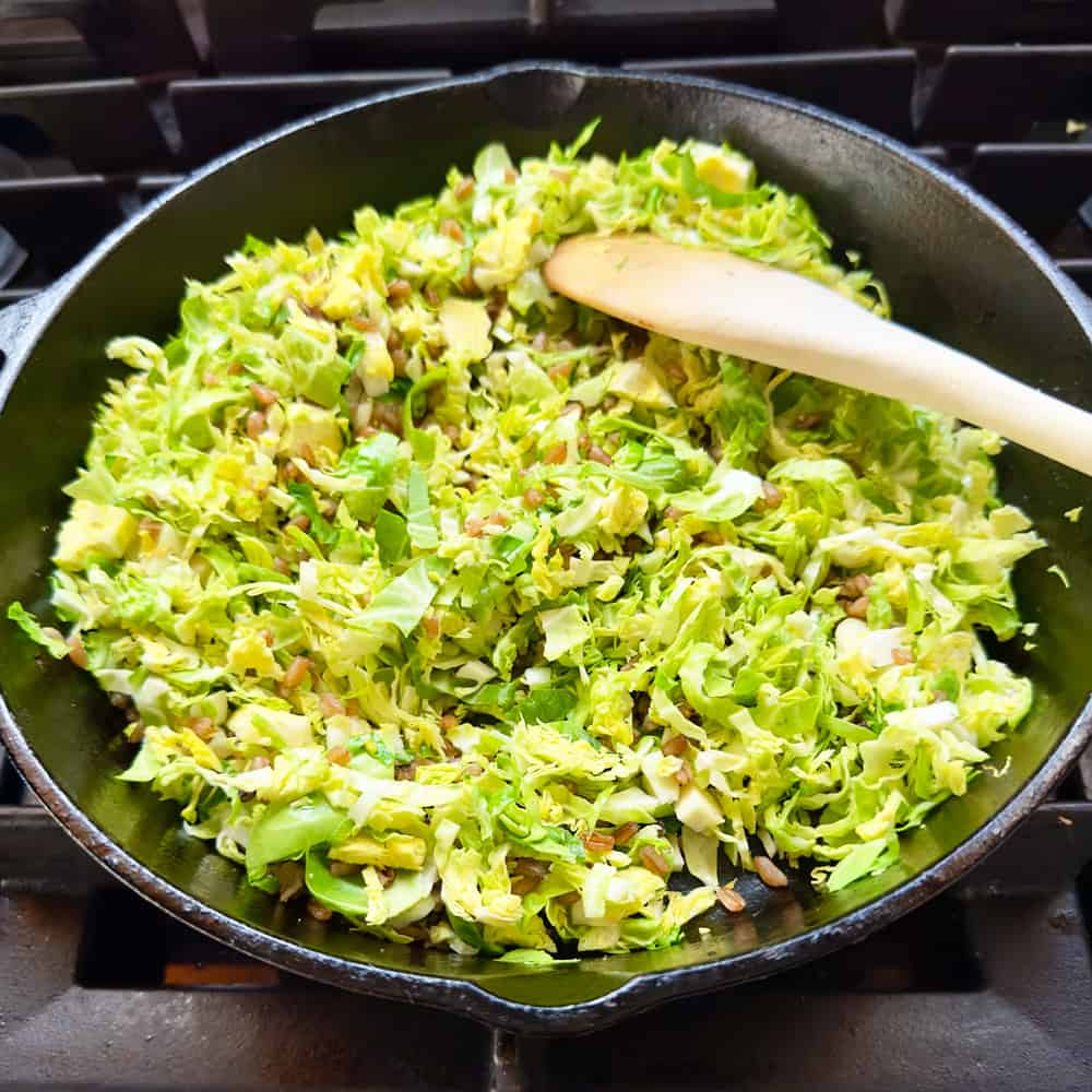 cooking thinly sliced Brussels sprouts with farro