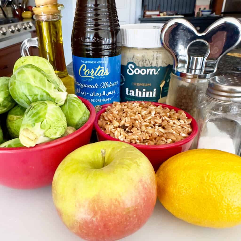 ingredients for farro and Brussels sprouts with apple